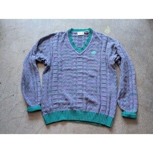 Vintage PGA West 'The Club' V-neck Sweater by Rough Threads-Lavender/Green-Large